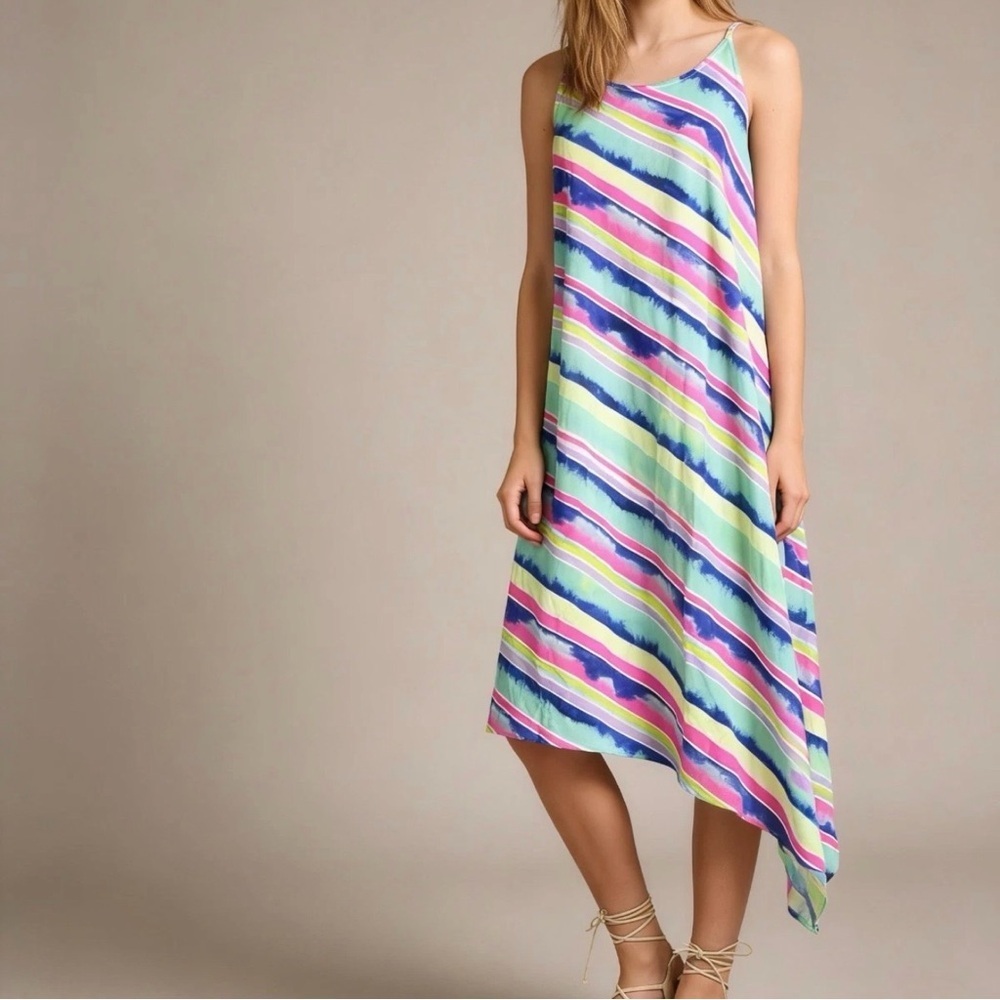 Lilly Pulitzer Magnolia Midi Dress Size XS Ceviche Diagonal Stripe Asymmetrical